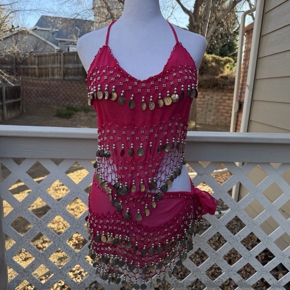 Hot Pink Belly Dance Halter Top & Skirt Gold Coin Accent Costume 24” Bust Junior - Picture 11 of 11